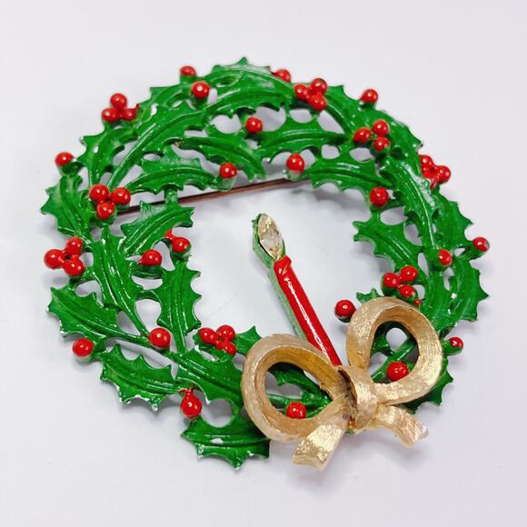 Vintage Weiss Mid Century Enamel Christmas Wreath Brooch Bow Rhinestone Candle - Picture 5 of 11